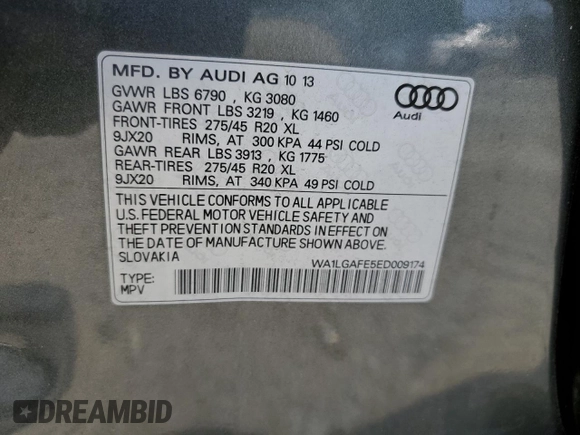 2014 Audi Q7 Premium Plus with VIN WA1LGAFE5ED009174, listed as a Copart auction lot 61073165 with 149,790 mi miles and Clean title. Bid and sale history available at DreamBid. Image 13.