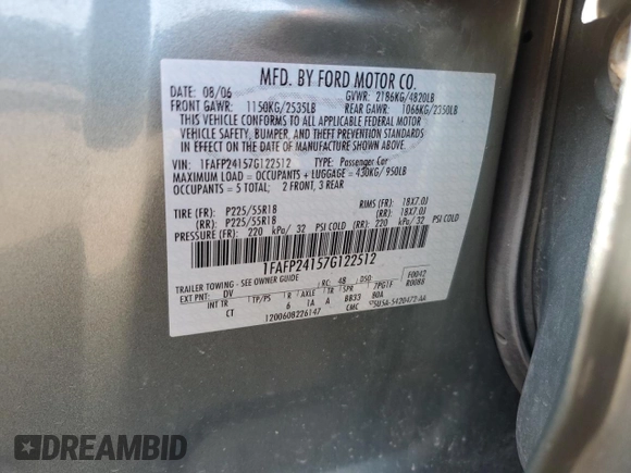 2007 Ford Five Hundred SEL with VIN 1FAFP24157G122512, listed as a Copart auction lot 72378484 with 180,448 mi miles and Clean Title. Bid and sale history available at carsss.com. Image 12.