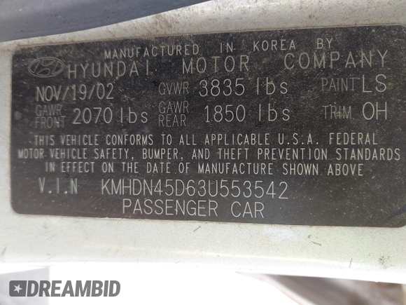 2003 Hyundai Elantra GLS z VIN KMHDN45D63U553542, wystawiony jako IAAI lot #42032294 z przebiegiem 164 210 mil mil oraz . Historia ofert i sprzedaży dostępna na DreamBid. Obrazek 9.