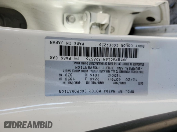 2021 Mazda 3 Preferred with VIN JM1BPACL6M1328376, listed as a Copart auction lot 50459115 with Not Provided miles and Salvage Title. Bid and sale history available at DreamBid. Image 14.