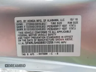 2011 Honda Odyssey EX-L with VIN 5FNRL5H60BB012206, listed as a IAAI auction lot 41982987 with 220,913 mi miles and . Bid and sale history available at carsss.com. Image 9.