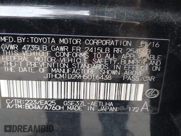 2017 Lexus IS 300 with VIN JTHCM1D29H5016438, listed as a IAAI auction lot 40142289 with 51,302 mi miles and . Bid and sale history available at DreamBid. Image 9.