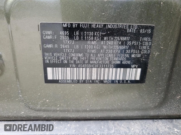 2015 Subaru Outback Premium with VIN 4S4BSBHC0F3311735, listed as a Copart auction lot 57499575 with 133,256 mi miles and Salvage title. Bid and sale history available at DreamBid. Image 13.