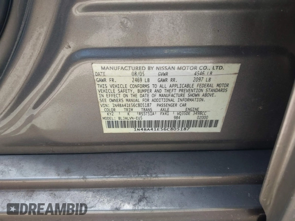 2006 Nissan Maxima SE with VIN 1N4BA41E56C805187, listed as a IAAI auction lot 42410242 with Not provided miles and . Bid and sale history available at DreamBid. Image 12.