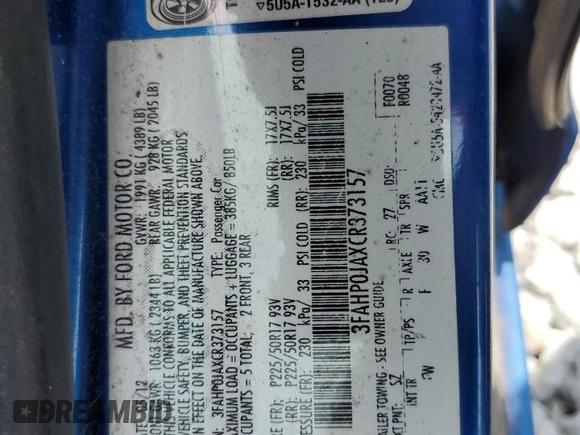 2012 Ford Fusion SEL z VIN 3FAHP0JAXCR373157, wystawiony jako Copart lot #56920275 z przebiegiem 185 178 mil mil oraz Szkoda całkowita • Salvage title. Historia ofert i sprzedaży dostępna na DreamBid. Obrazek 12.