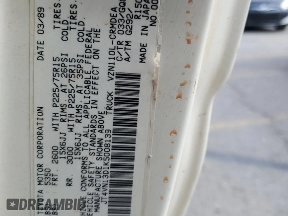 1989 Toyota Pickup DLX с VIN JT4VN13D1K5008139, выставлен на аукционе Copart как лот 76332414 с пробегом 131 303 миль миль и Списание • Salvage title. История ставок и продаж доступна на DreamBid. Изображение 12.