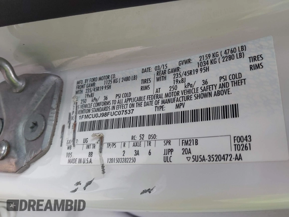 2015 Ford Escape Titanium with VIN 1FMCU0J98FUC07537, listed as a IAAI auction lot 41440462 with 233,924 mi miles. Bid and sale history available at carsss.com. Image 9.
