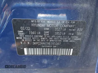 2022 Hyundai Accent SE with VIN 3KPC24A61NE165247, listed as a IAAI auction lot 41276249 with 35,881 mi miles. Bid and sale history available at carsss.com. Image 9.