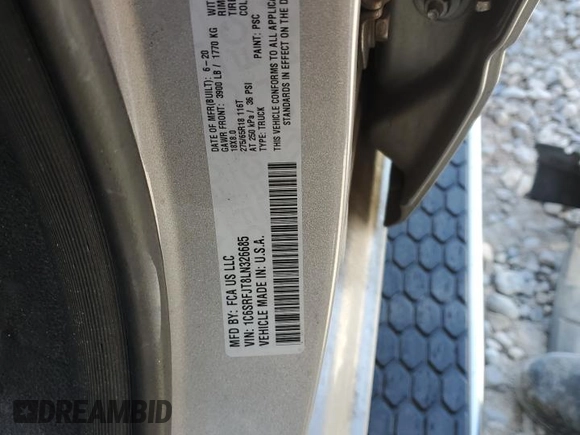 2020 Ram 1500 Laramie with VIN 1C6SRFJT8LN326685, listed as a Copart auction lot 54563825 with 21,246 mi miles and Salvage title. Bid and sale history available at DreamBid. Image 12.