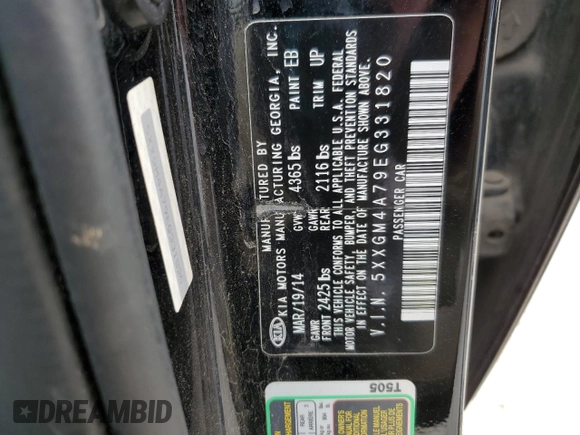 2014 Kia Optima LX z VIN 5XXGM4A79EG331820, wystawiony jako Copart lot #55628945 z przebiegiem Nie podano mil oraz Szkoda całkowita • Salvage title. Historia ofert i sprzedaży dostępna na DreamBid. Obrazek 12.