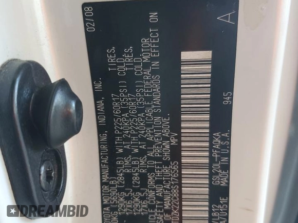 2008 Toyota Sienna XLE with VIN 5TDZK22C88S176565, listed as a Copart auction lot 62868605 with 224,586 mi miles and Clean title. Bid and sale history available at DreamBid. Image 12.