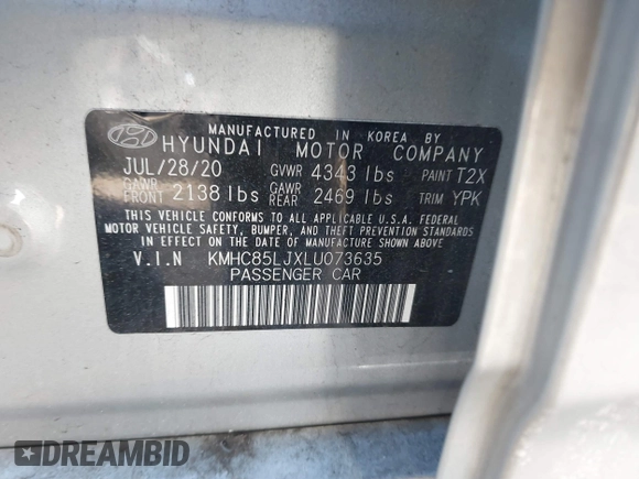 2020 Hyundai Ioniq Limited with VIN KMHC85LJXLU073635, listed as a IAAI auction lot 41371618 with 33,518 mi miles and . Bid and sale history available at DreamBid. Image 9.