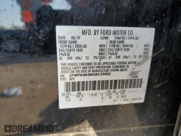 2019 Ford Edge Titanium with VIN 2FMPK4K96KBC59892, listed as a Copart auction lot 48621995 with 114,409 mi miles and Salvage Title. Bid and sale history available at carsss.com. Image 15.