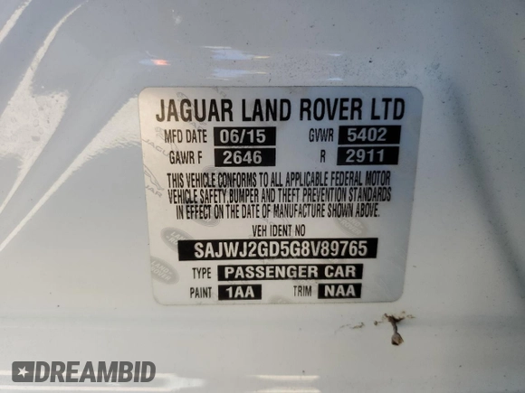 2016 Jaguar XJ Portfolio with VIN SAJWJ2GD5G8V89765, listed as a Copart auction lot 78094584 with Not provided miles and Non repairable. Bid and sale history available at DreamBid. Image 13.