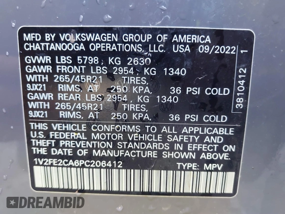 2023 Volkswagen Atlas SEL Premium R-Line с VIN 1V2FE2CA6PC206412, выставлен на аукционе IAAI как лот 41801027 с пробегом 64 898 миль миль и . История ставок и продаж доступна на DreamBid. Изображение 9.