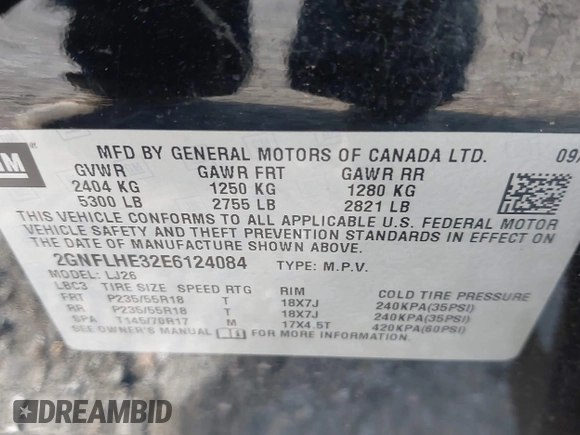 2014 Chevrolet Equinox LTZ with VIN 2GNFLHE32E6124084, listed as a IAAI auction lot 42132655 with 95,239 mi miles. Bid and sale history available at carsss.com. Image 9.