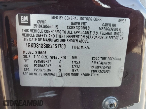 2008 GMC Envoy SLE2 with VIN 1GKDS13S082151780, listed as a Copart auction lot 45662265 with 162,950 mi miles and Salvage Title. Bid and sale history available at carsss.com. Image 15.