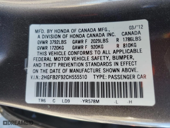 2012 Honda Civic Sdn EX-L with VIN 2HGFB2F92CH555510, listed as a Copart auction lot 49537865 with 146,558 mi miles and Salvage Title. Bid and sale history available at carsss.com. Image 14.