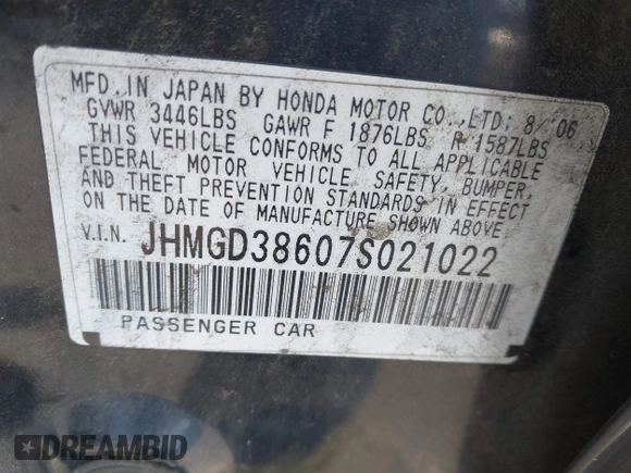 2007 Honda Fit Sport z VIN JHMGD38607S021022, wystawiony jako IAAI lot #42274897 z przebiegiem 277 486 mil mil oraz . Historia ofert i sprzedaży dostępna na DreamBid. Obrazek 9.