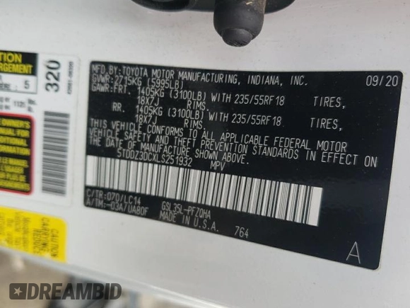 2020 Toyota Sienna XLE with VIN 5TDDZ3DCXLS251932, listed as a Copart auction lot 56340435 with Not provided miles and Salvage title. Bid and sale history available at DreamBid. Image 14.