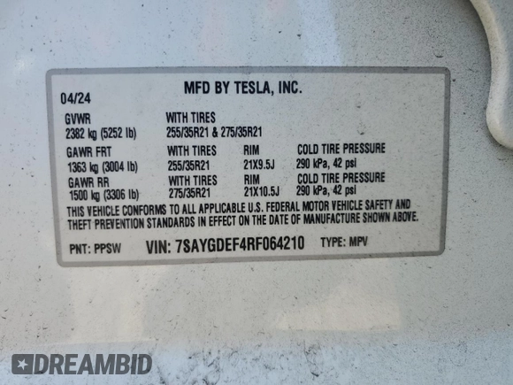 2024 Tesla Model Y Performance with VIN 7SAYGDEF4RF064210, listed as a Copart auction lot 52498805 with 14,318 mi miles and Non Repairable. Bid and sale history available at DreamBid. Image 16.