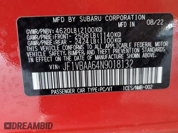 2022 Subaru WRX z VIN JF1VBAA64N9018132, wystawiony jako Copart lot #57317414 z przebiegiem 18 302 mil mil oraz Szkoda całkowita • Salvage title. Historia ofert i sprzedaży dostępna na DreamBid. Obrazek 13.