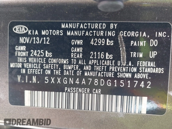 2013 Kia Optima EX с VIN 5XXGN4A78DG151742, выставлен на аукционе IAAI как лот 42631875 с пробегом 112 677 миль миль и . История ставок и продаж доступна на DreamBid. Изображение 9.