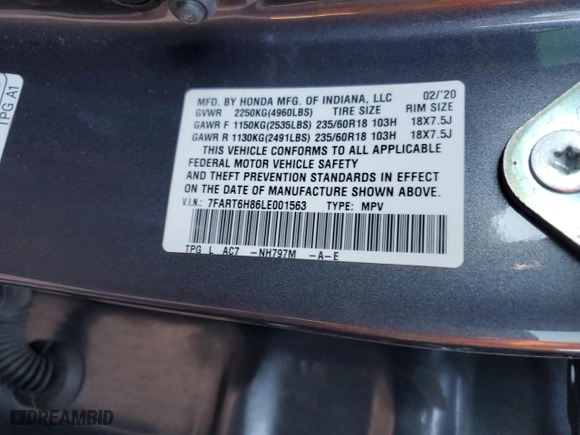 2020 Honda CR-V Hybrid EX-L with VIN 7FART6H86LE001563, listed as a Copart auction lot 43663095 with 73,179 mi miles and Salvage Title. Bid and sale history available at carsss.com. Image 14.