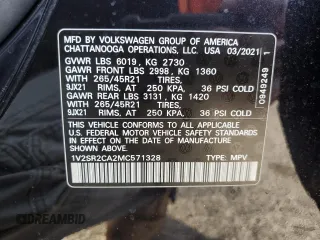 2021 Volkswagen Atlas SEL R-Line with VIN 1V2SR2CA2MC571328, listed as a Copart auction lot 43605135 with 44,290 mi miles and Salvage title. Bid and sale history available at DreamBid. Image 15.