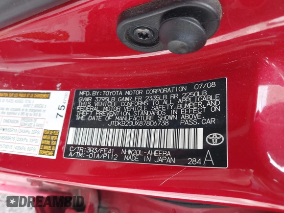 2008 Toyota Prius with VIN JTDKB20UX87806738, listed as a IAAI auction lot 41802406 with 210,811 mi miles and . Bid and sale history available at DreamBid. Image 9.