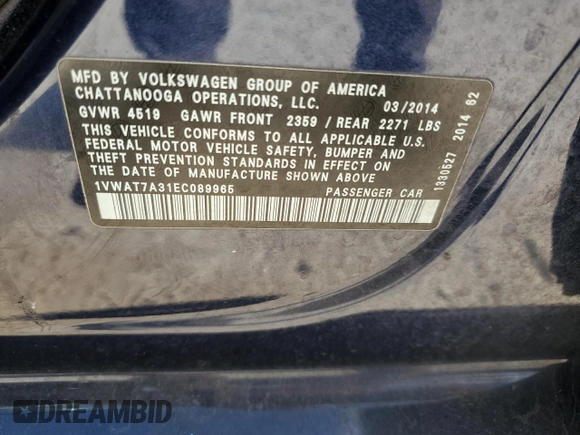 2014 Volkswagen Passat S с VIN 1VWAT7A31EC089965, выставлен на аукционе Copart как лот 58954655 с пробегом 134 695 миль миль и Списание • Salvage title. История ставок и продаж доступна на DreamBid. Изображение 13.