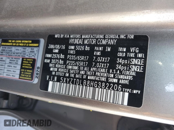 2017 Hyundai Santa Fe 2.4L with VIN 5XYZTDLB8HG382206, listed as a Copart auction lot 60691245 with 98,899 mi miles and Salvage title. Bid and sale history available at DreamBid. Image 13.
