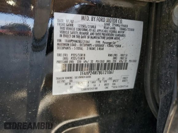 2008 Ford Taurus SEL with VIN 1FAHP24W78G121061, listed as a Copart auction lot 68905294 with 0 mi miles and Salvage Title. Bid and sale history available at carsss.com. Image 13.