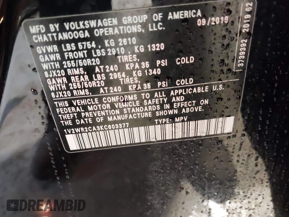 2019 Volkswagen Atlas SE with VIN 1V2WR2CA3KC603377, listed as a IAAI auction lot 42145332 with 137,553 mi miles and . Bid and sale history available at DreamBid. Image 9.