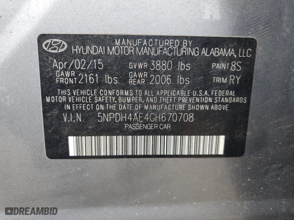 2016 Hyundai Elantra SE with VIN 5NPDH4AE4GH670708, listed as a Copart auction lot 46635445 with 97,522 mi miles and Salvage Title. Bid and sale history available at carsss.com. Image 12.