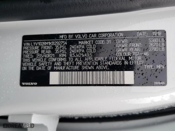 2019 Volvo XC60 R-Design with VIN LYV102RM1KB292754, listed as a Copart auction lot 46873114 with 29,943 mi miles and Clean Title. Bid and sale history available at carsss.com. Image 13.