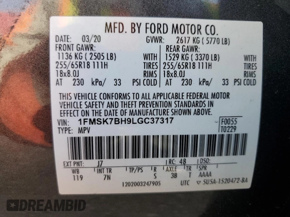 2020 Ford Explorer with VIN 1FMSK7BH9LGC37317, listed as a Copart auction lot 42526795 with 0 mi miles and Salvage Title. Bid and sale history available at carsss.com. Image 12.