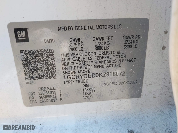 2019 Chevrolet Silverado 1500 LT with VIN 1GCRYDED0KZ318072, listed as a IAAI auction lot 41417733 with 100,774 mi miles. Bid and sale history available at carsss.com. Image 9.