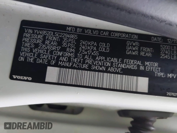 2012 Volvo XC60 3.2L с VIN YV4952DL5C2294865, выставлен на аукционе IAAI как лот 41941625 с пробегом 180 020 миль миль и . История ставок и продаж доступна на DreamBid. Изображение 9.