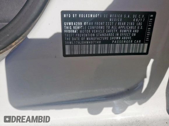 2017 Volkswagen Jetta SEL with VIN 3VWL17AJ0HM407140, listed as a Copart auction lot 60977645 with 86,729 mi miles and Salvage title. Bid and sale history available at DreamBid. Image 12.