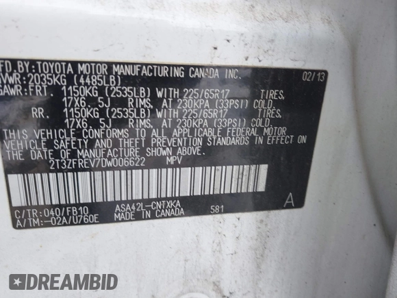 2013 Toyota RAV4 LE with VIN 2T3ZFREV7DW006622, listed as a IAAI auction lot 41166186 with 237,975 mi miles. Bid and sale history available at carsss.com. Image 9.