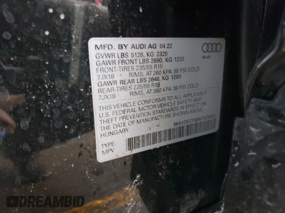 2022 Audi Q3 S line Premium with VIN WA1DECF36N1123562, listed as a Copart auction lot 71950852 with 5,828 mi miles. Bid and sale history available at carsss.com. Image 13.
