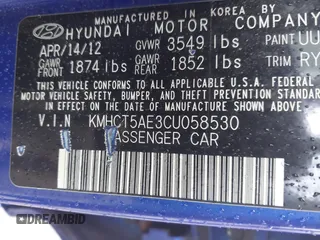 2012 Hyundai Accent GS with VIN KMHCT5AE3CU058530, listed as a IAAI auction lot 42190659 with 166,968 mi miles and . Bid and sale history available at DreamBid. Image 9.