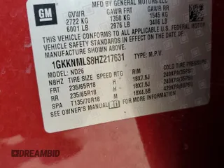 2017 GMC Acadia SLT with VIN 1GKKNMLS8HZ217631, listed as a Copart auction lot 58888925 with Not provided miles and Salvage title. Bid and sale history available at DreamBid. Image 12.