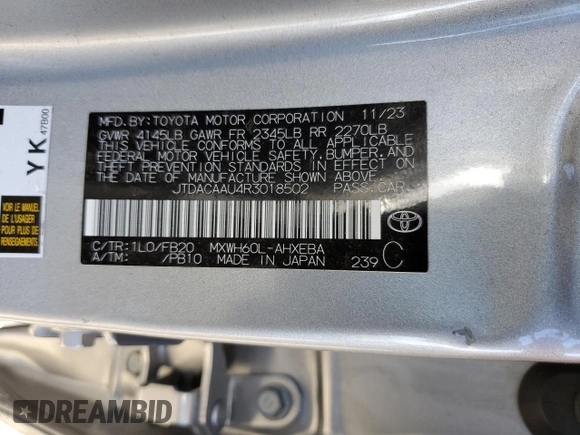 2024 Toyota Prius LE with VIN JTDACAAU4R3018502, listed as a Copart auction lot 56587885 with 22,266 mi miles and Salvage Title. Bid and sale history available at DreamBid. Image 13.