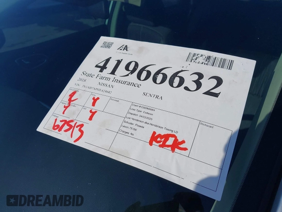 2018 Nissan Sentra SV with VIN 3N1AB7AP0JL624682, listed as a IAAI auction lot 41966632 with 67,513 mi miles. Bid and sale history available at carsss.com. Image 17.
