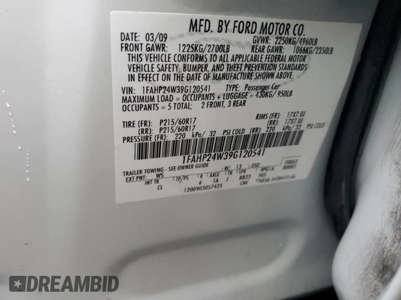 2009 Ford Taurus SEL with VIN 1FAHP24W39G120541, listed as a Copart auction lot 83401734 with 60,209 mi miles and Salvage Title. Bid and sale history available at carsss.com. Image 12.