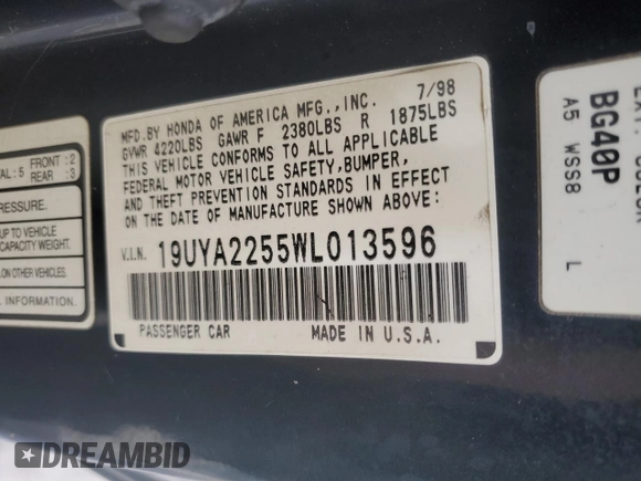 1998 Acura CL Premium z VIN 19UYA2255WL013596, wystawiony jako Copart lot #42686575 z przebiegiem Nie podano mil oraz Czysty tytuł • Clean title. Historia ofert i sprzedaży dostępna na DreamBid. Obrazek 12.
