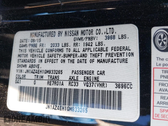 2016 Nissan 370Z with VIN JN1AZ4EH1GM933265, listed as a IAAI auction lot 41831484 with 98,193 mi miles. Bid and sale history available at carsss.com. Image 9.