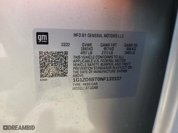 2022 Chevrolet Malibu LT with VIN 1G1ZD5ST0NF133337, listed as a Copart auction lot 51055785 with 62,292 mi miles and Clean Title. Bid and sale history available at carsss.com. Image 12.